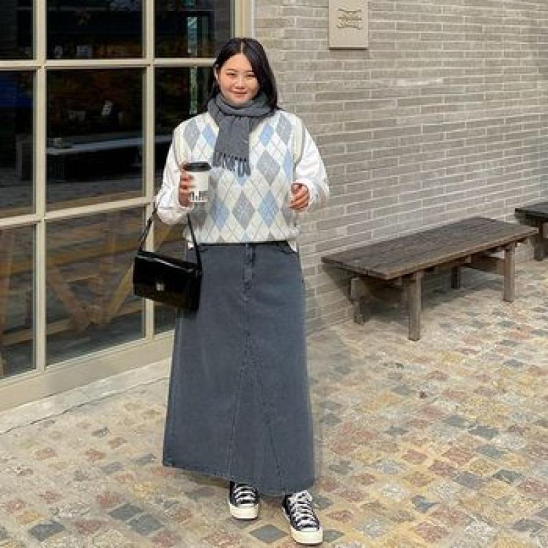 제이스타일 테모엘 뒷밴딩 기모 데님 롱스커트