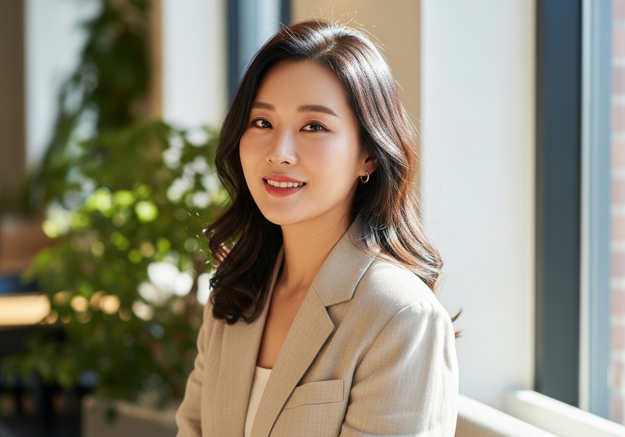 세련된 베이지 톤의 린넨 투피스를 입고 있는 여성의 상반신 모습