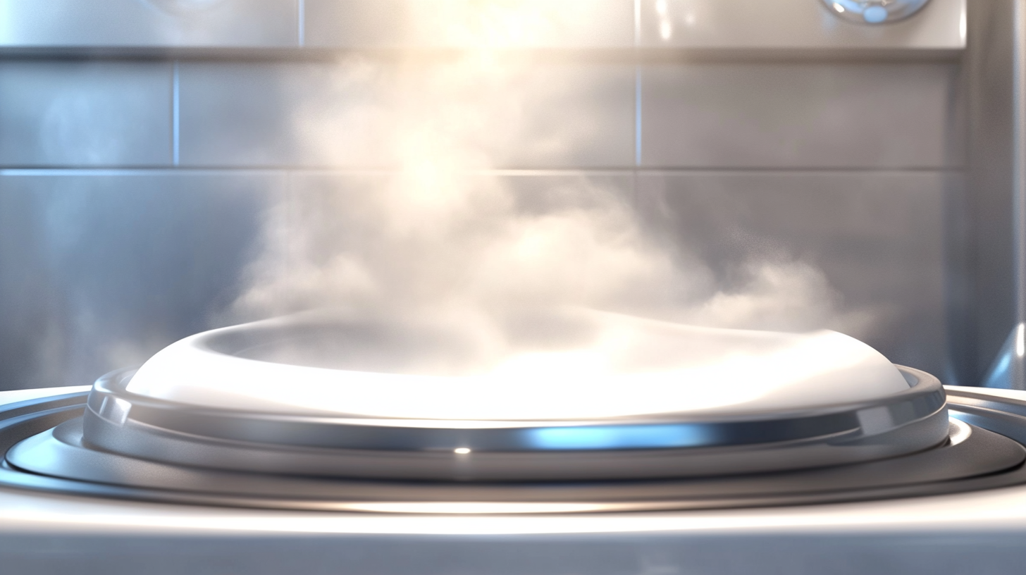 삼성 그랑데 세탁기가 자가 세척 메커니즘을 작동시키며, 김이 피어오르는 위생적 환경을 강조하는 클로즈업 이미지입니다.