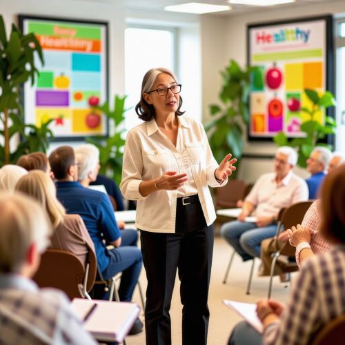 여성 노년플래너가 노인들에게 강의를 하고 있다.