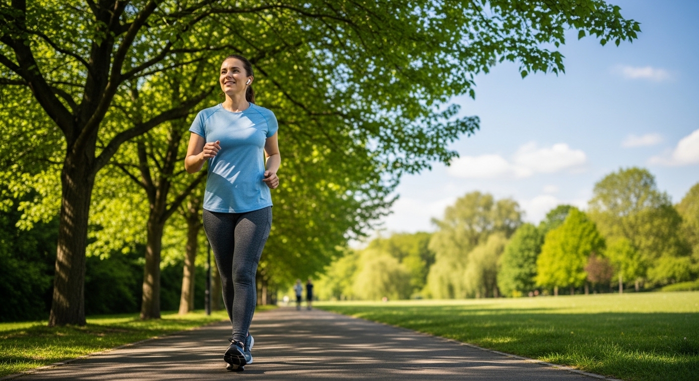 공원에서 상쾌하게 산책하며 운동하는 사람의 뒷모습