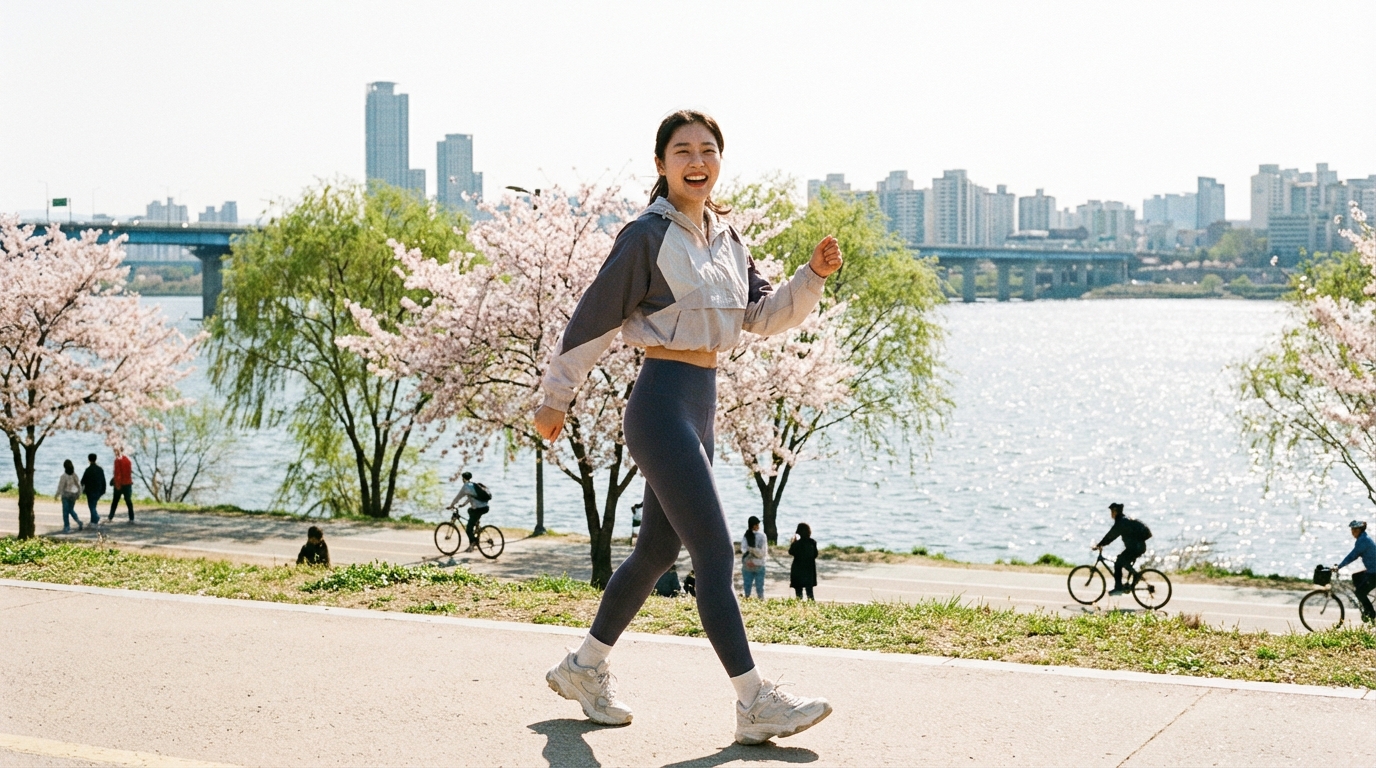 한국의 한강 공원에서 빠르게 걷기 유산소 운동을 하며 글리코겐을 소모하는 여성의 모습