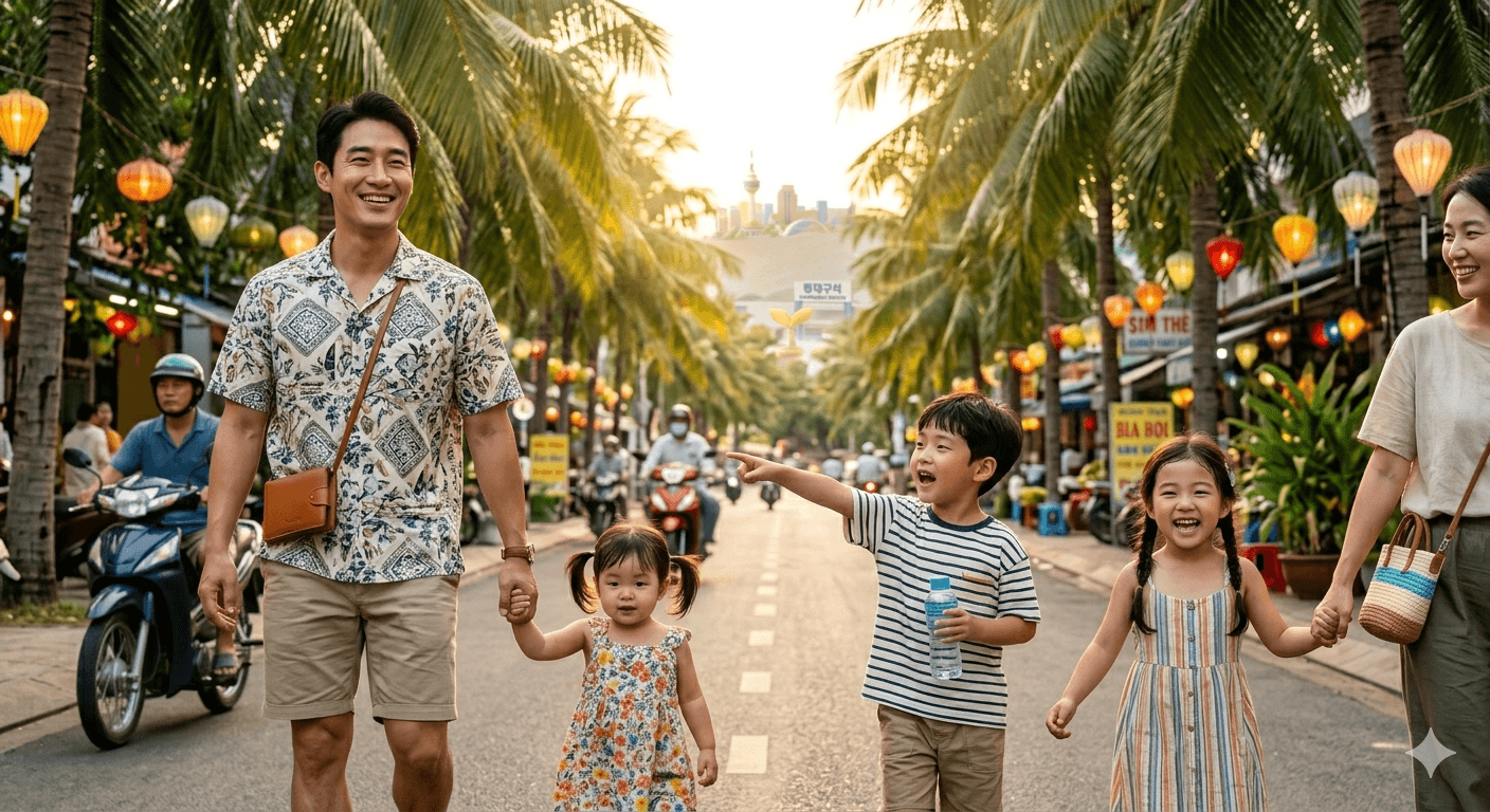 아이 셋과 함께 여유롭게 이동하는 가족