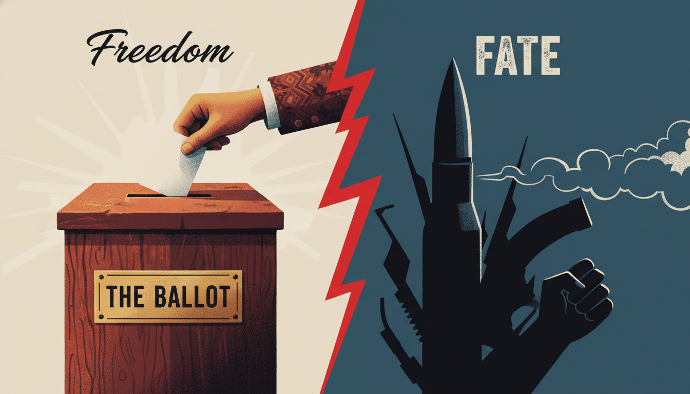 투표함과 총알이 대비되는 상징적인 이미지, 정치적 선택의 중요성을 강조