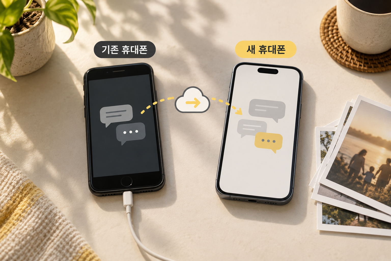 기존 휴대폰과 새 휴대폰 사이에서 대화를 옮기고 사진은 별도로 보관하는 모습