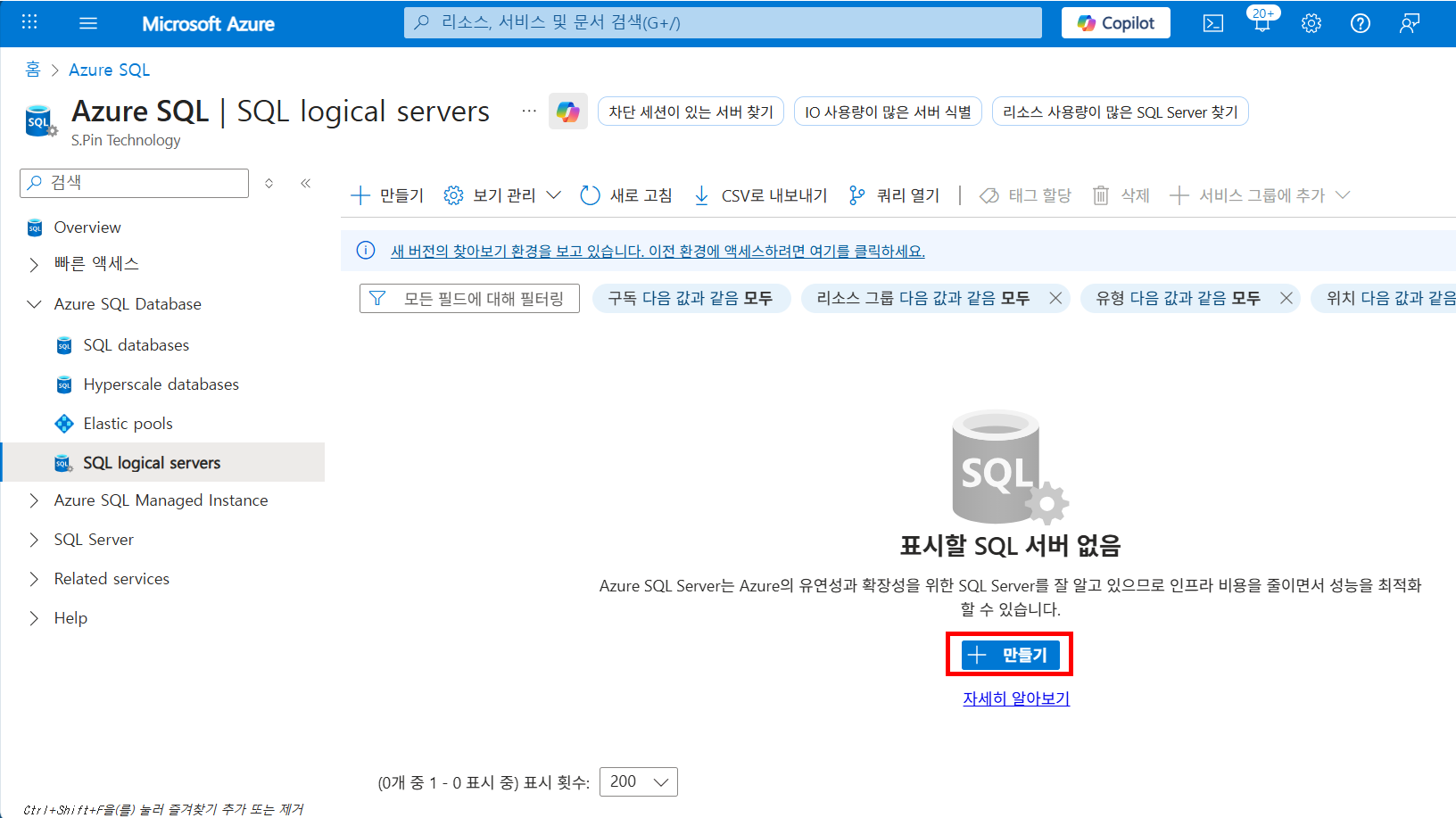 Azure SQL 논리 서버 생성 화면 (Private Endpoint 및 Private DNS 테스트용)