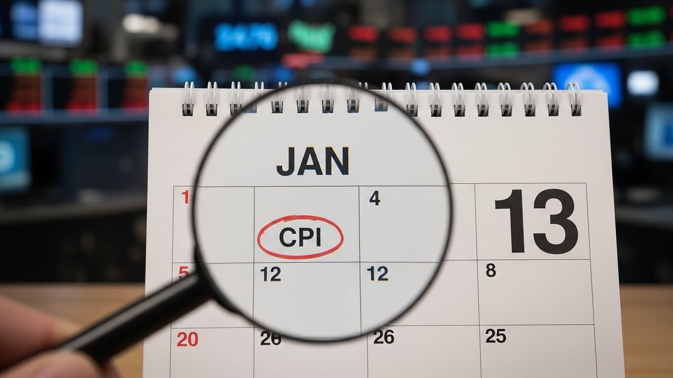 Close-up of a calendar marked 'Jan 13 CPI' with a magnifying glass, blurry Wall Street background with stock tickers, serious financial news style