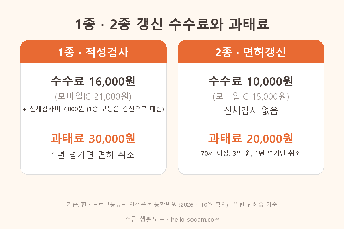 운전면허 1종 적성검사 2종 갱신 수수료와 기간 경과 과태료 비교