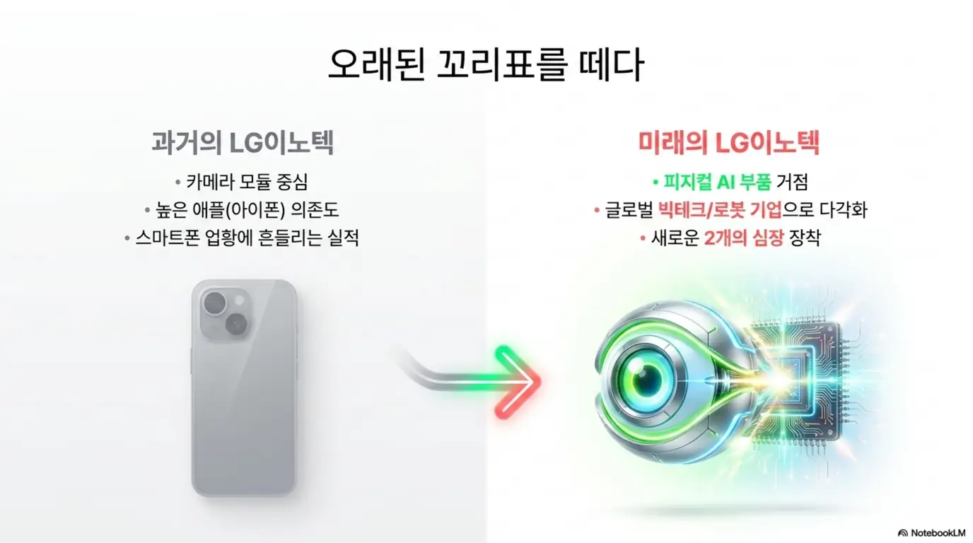 LG이노텍 주가 전망: '오래된 꼬리표를 떼다'라는 문구가 포함된 이미지. 카메라 모듈과 애플 의존 중심이던 과거의 LG이노텍이 반도체 기판과 로봇 센싱이라는 두 축을 갖춘 피지컬 AI 부품 거점으로 변화하는 모습을 시각적으로 전달하며, 블로그의 LG이노텍 주가 전망과 관련된 내용을 설명함