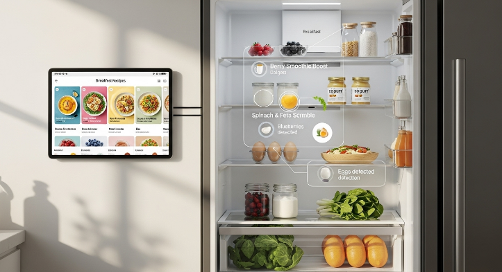 스마트 냉장고 재고를 기반으로 아침 식단 레시피를 추천해주는 태블릿 화면