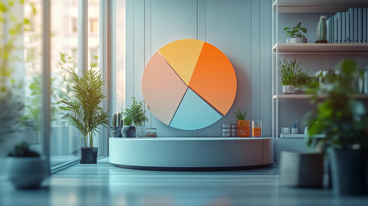 다양한 ETF 주식과 성장 지표를 나타내는 디지털 파이 차트. 전략적 미래를 고려한 이 이미지에는 스칸디나비아 디자인 감성이 반영되어 있으며, 디지털 공간에서의 혁신적 분석과 현대적 배치가 돋보인다.