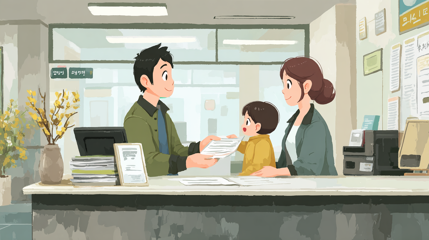 한국 부모가 자녀와 함께 정부 민원창구에서 서류를 제출하며 직원과 상담하는 모습