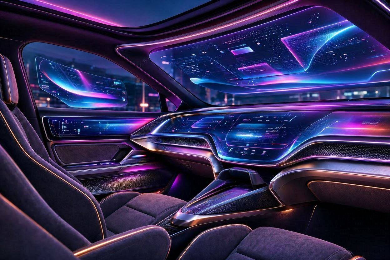The interior of a futuristic luxury car dominated by massive digital screens and vibrant neon ambient lighting.
