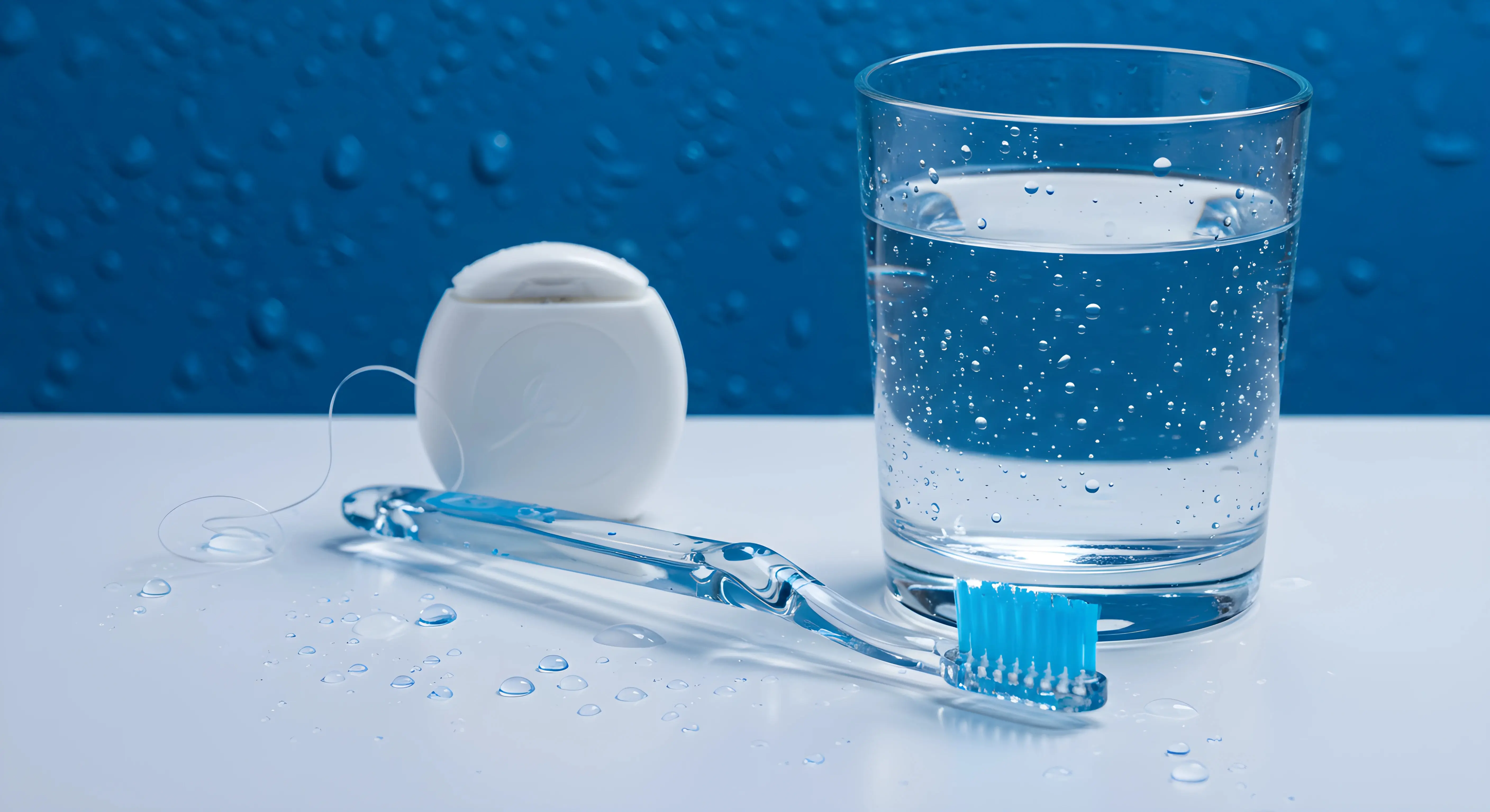 깨끗한 파란색 배경 앞에 놓인 투명한 칫솔, 치실 용기, 물이 담긴 유리컵. 셀프 구강관리를 상징하는 이미지.