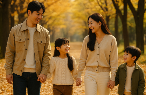 가을 단풍이 물든 농촌에서 여유롭게 산책하고 있는 가족