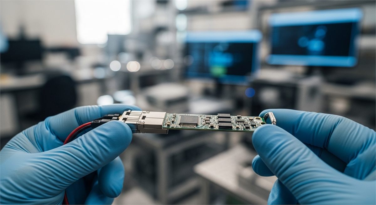 광트랜시버 모듈을 클로즈업으로 담은 장면 