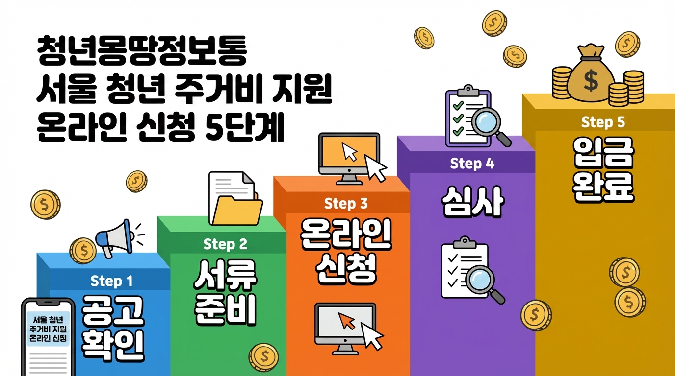 청년몽땅정보통 서울 청년 주거비 지원 온라인 신청 5단계 인포그래픽