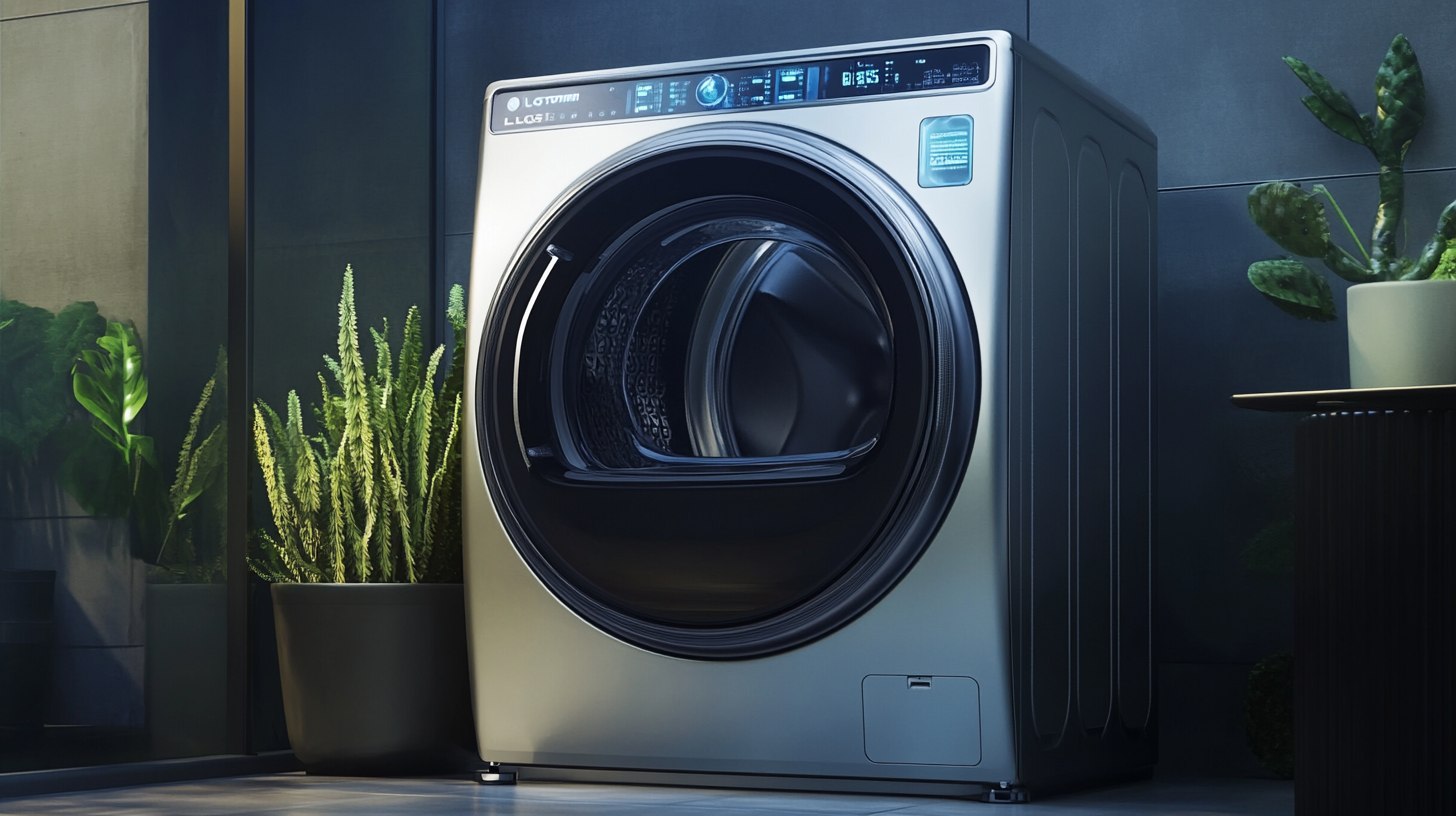 2025년에 출시된 대용량 LG 트롬 세탁기의 미래형 디자인과 인공지능 기능을 강조한 이미지로, 친환경 색상이 돋보입니다.