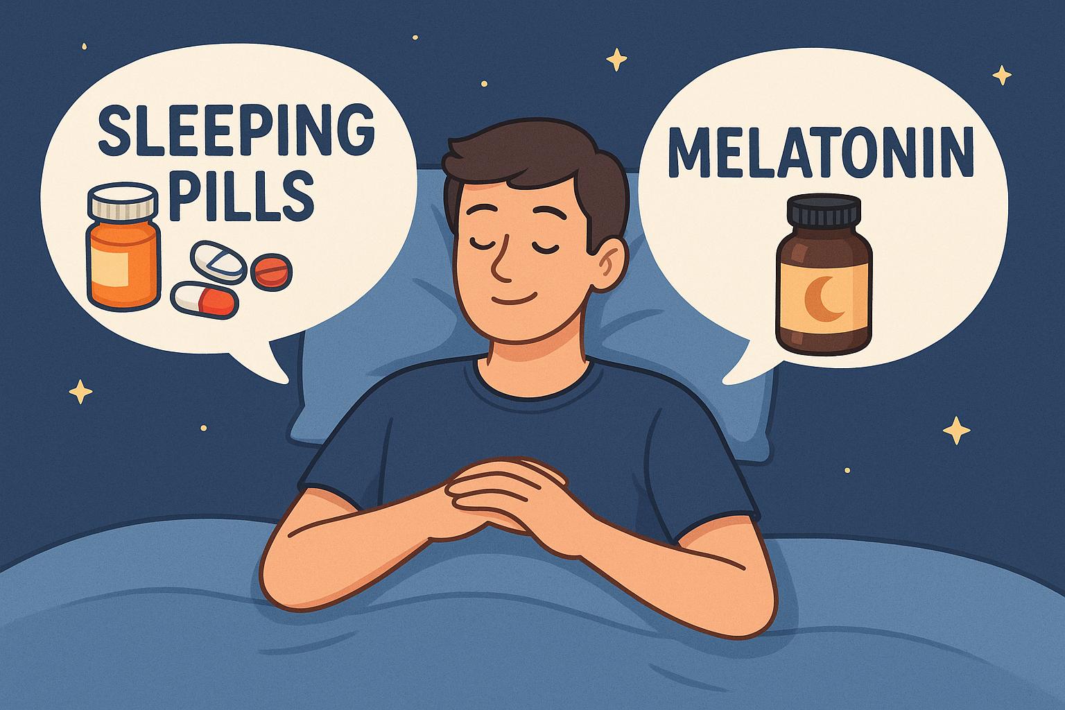 수면제와 멜라토닌으로 불면증에 도움을 받는 사람의 이미지 만화체 그림