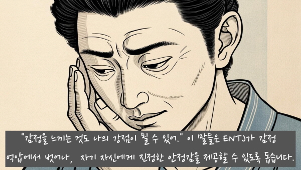 “감정을 느끼는 것도 나의 강점이 될 수 있어.” 이 말들은 ENTJ가 감정 억압에서 벗어나, 자기 자신에게 진정한 안정감을 제공할 수 있도록 돕습니다에 관한 그림입니다.