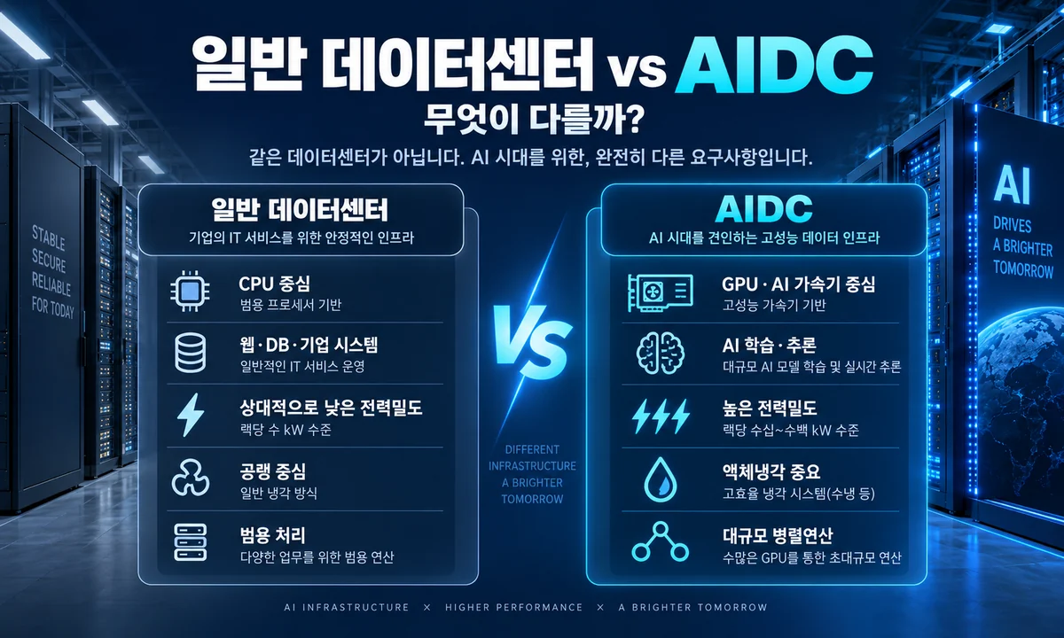 일반 데이터센터와 AIDC의 CPU GPU 전력밀도 냉각 방식 차이 비교 인포그래픽