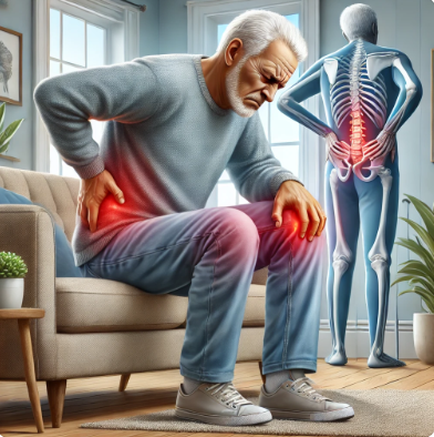 쇼파에 앉아 무릎과 허리통증에 고통스러워 하는 노인 이미지