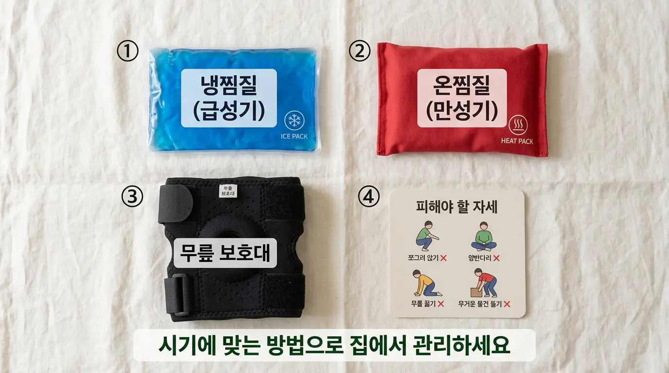 무릎 안쪽 통증 냉찜질 온찜질 보호대 피해야 할 자세 상세