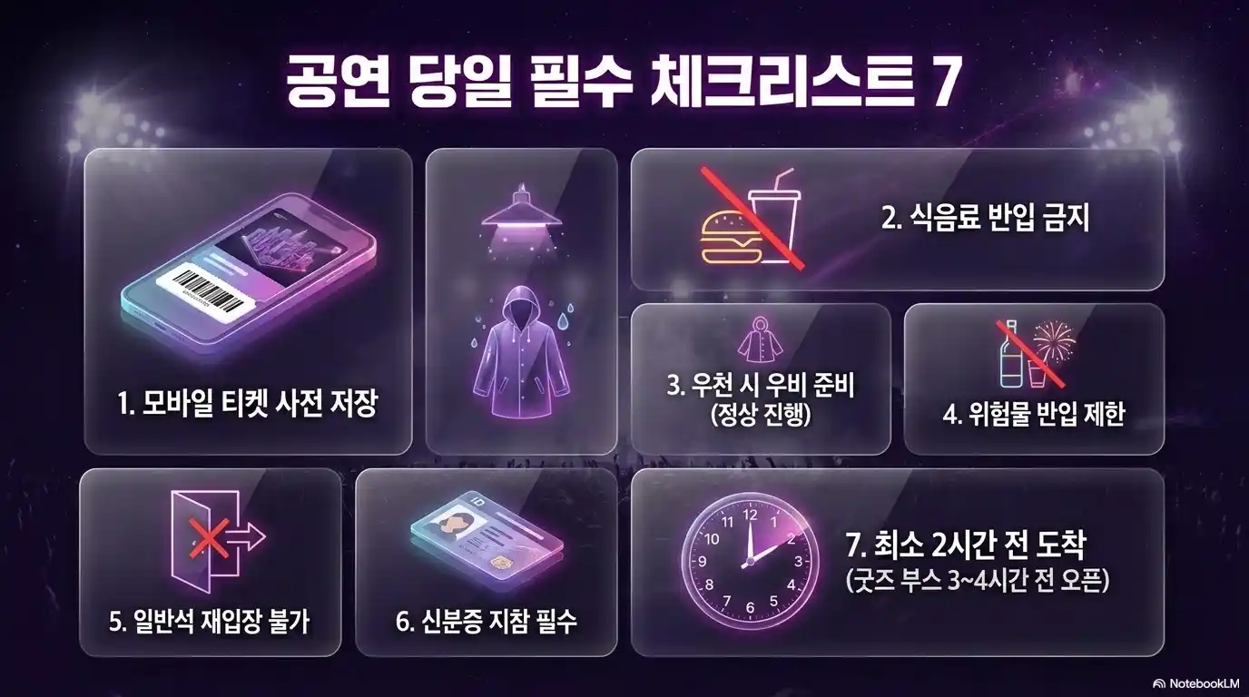BTS 부산 공연 당일 필수 체크리스트 7가지, 모바일 티켓 저장&middot;식음료 반입 금지&middot;우비 준비&middot;신분증 지참&middot;최소 2시간 전 도착 안내
