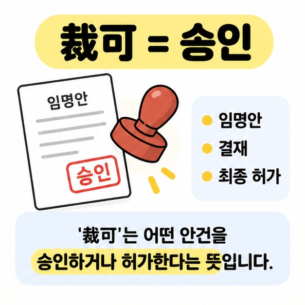 재가 裁可가 임명안이나 안건을 결재해 승인하고 허가한다는 뜻임을 정리한 카드