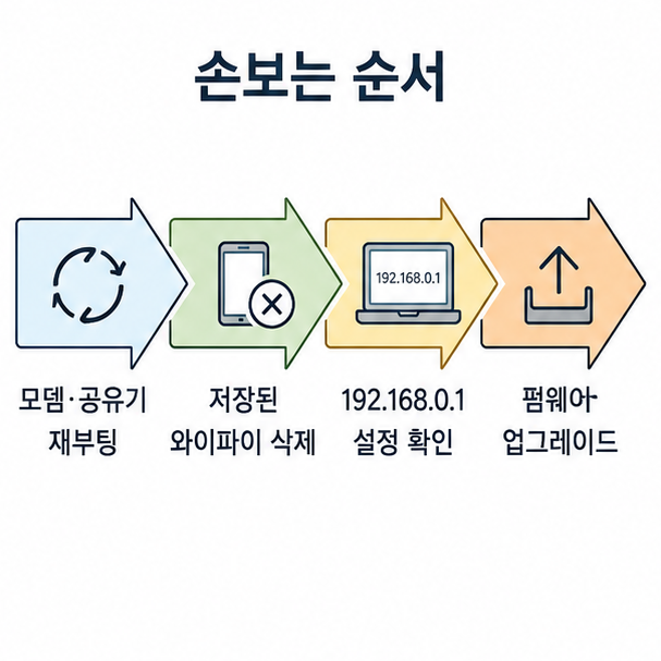 와이파이 문제 해결 순서, 재부팅과 저장된 네트워크 삭제, 설정 확인, 펌웨어 업그레이드로 이어지는 단계 도해
