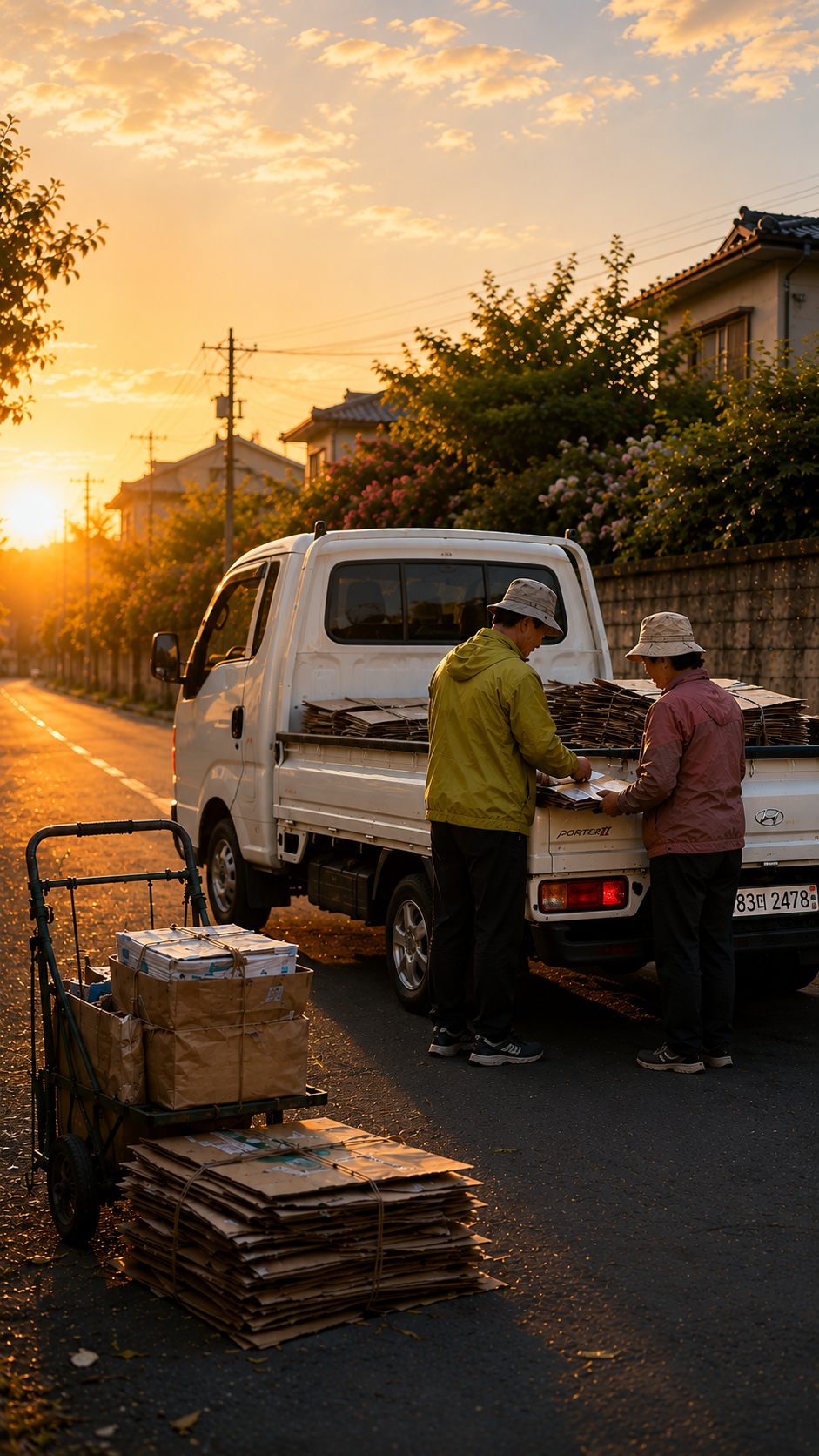 An elderly couple loading flattened cardboard onto a newly registered white pickup truck at sunset, symbolizing work, dignity, and community.