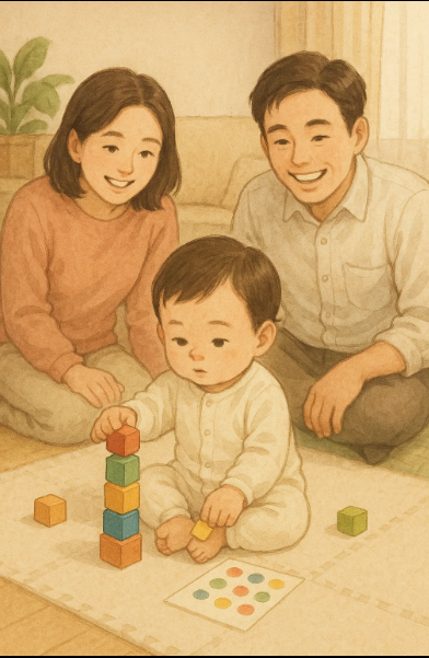 혼자 블록 놀이를 하며 집중하는 아기의 모습