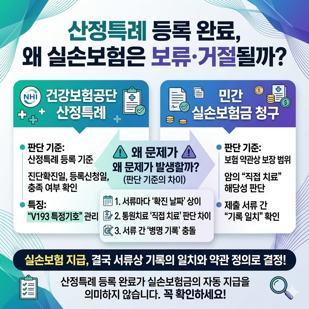산정특례 등록 완료 후 실손보험 지급 보류 및 거절이 발생하는 이유 인포그래픽