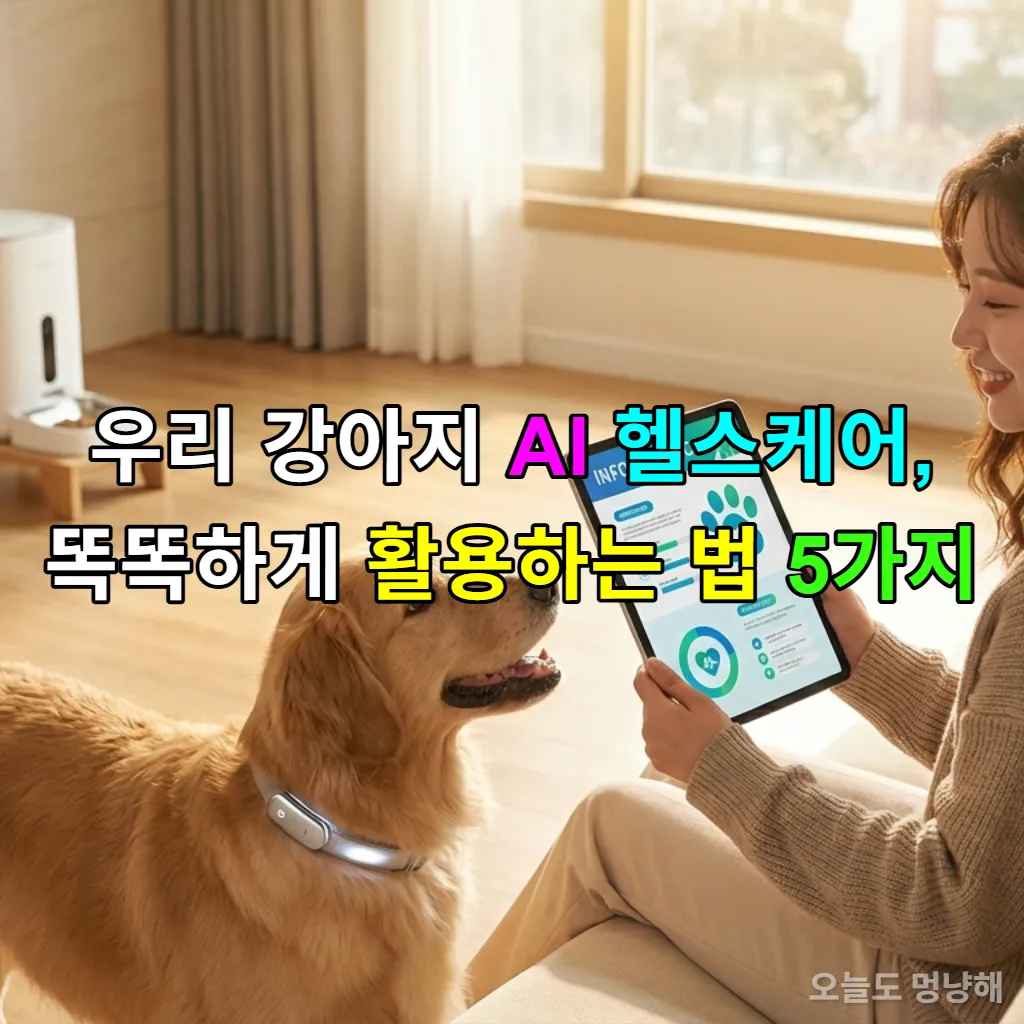 AI 헬스케어 기기를 착용한 강아지와 태블릿을 보는 반려인