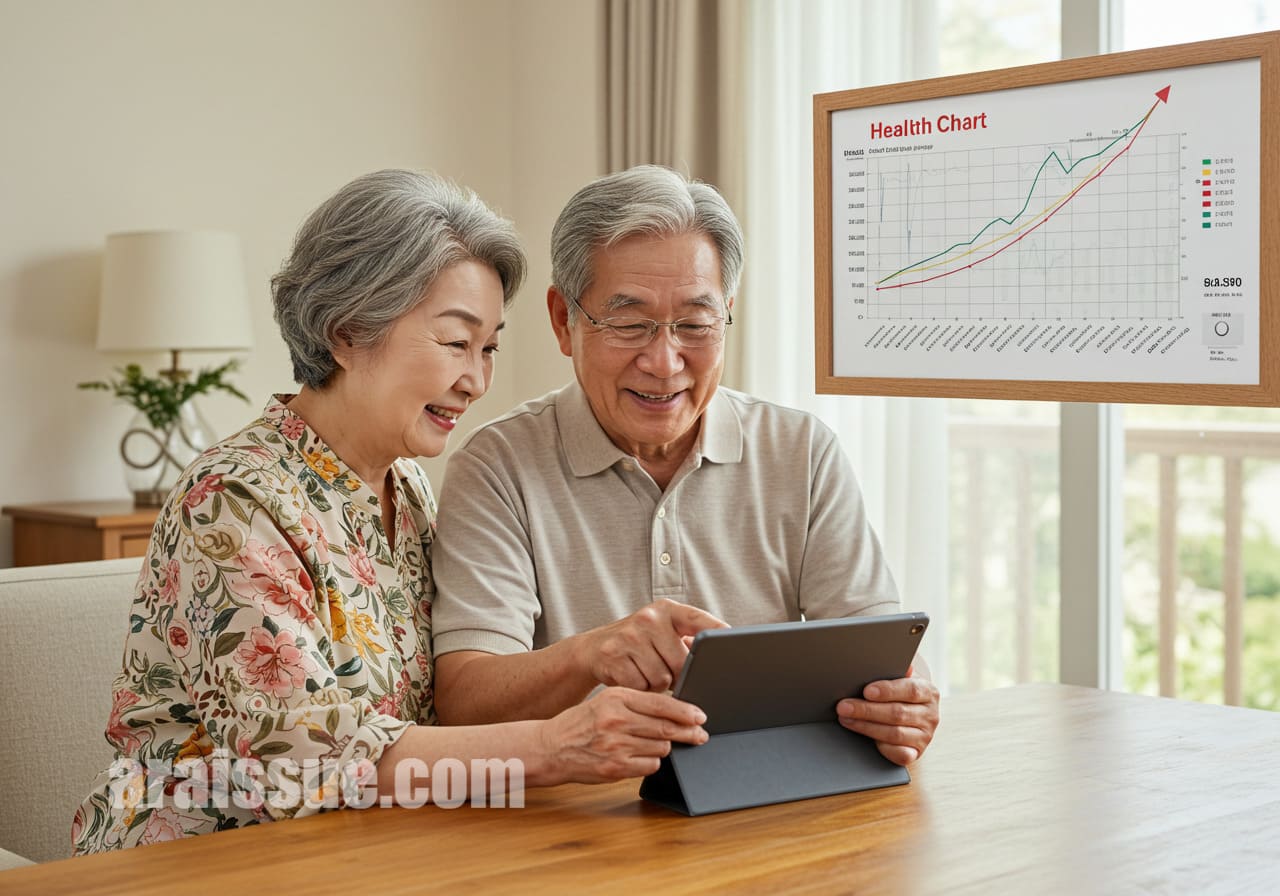 노년의 한국 부부가 태블릿을 통해 건강 리포트를 확인하며 웃고 있는 장면입니다. 재택진료 후 건강 지표가 개선된 만족스러운 상황을 묘사합니다.