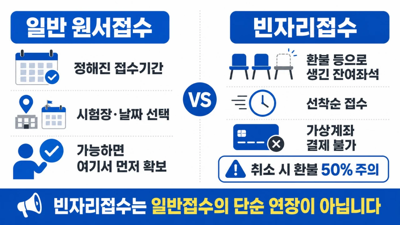 큐넷 기능사 일반 원서접수와 빈자리접수의 좌석 결제 환불 차이를 비교한 이미지