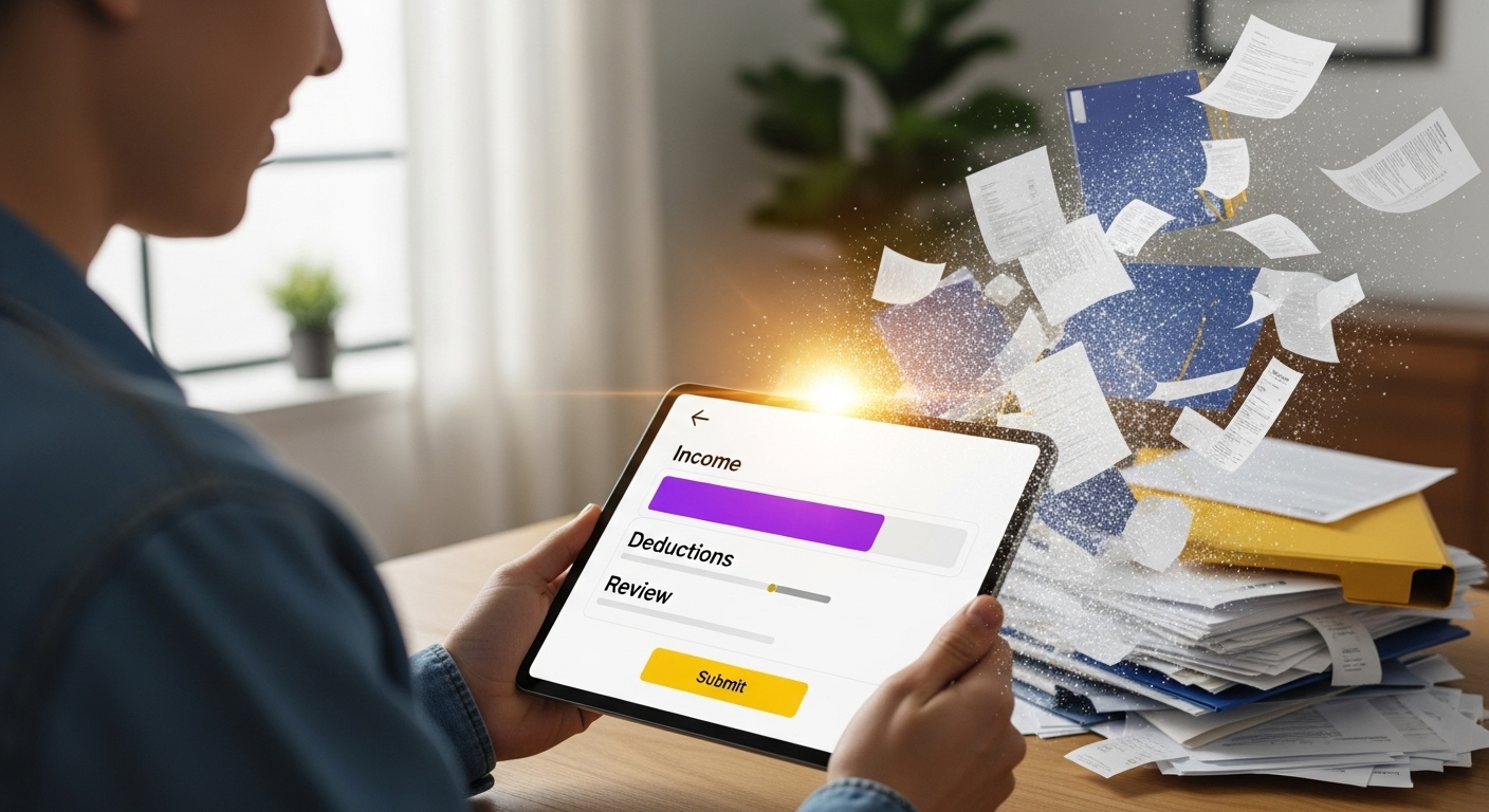 태블릿으로 간편하게 세금을 신고하는 모습, 복잡한 서류들이 사라지는 배경으로 세액공제 절차 간소화를 표현.