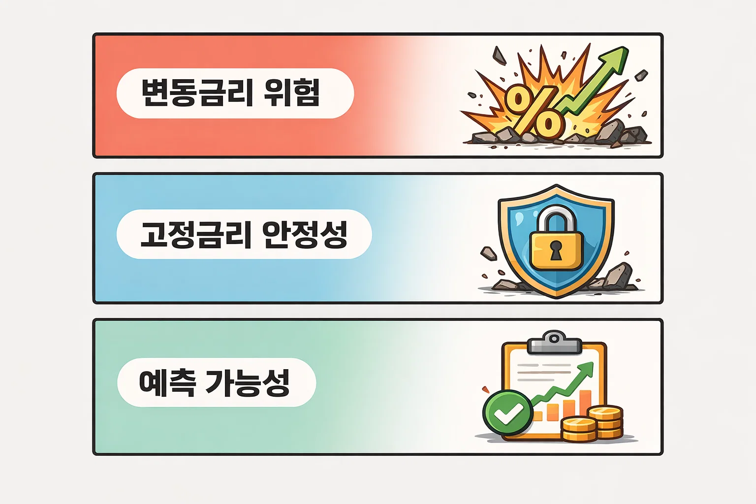 변동금리 위험성과 고정금리 안정성 및 향후 상환 예측 가능성을 시각적으로 정리한 보금자리론 금리 비교 인포그래픽