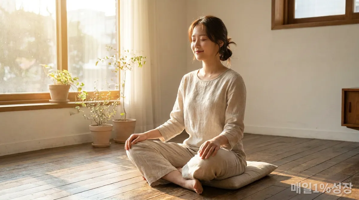 조용한 방에서 명상하며 평온한 시간을 보내는 한국 여성