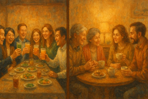 건배하는 무리와 차를 나누는 가족이 나란히 있는 장면