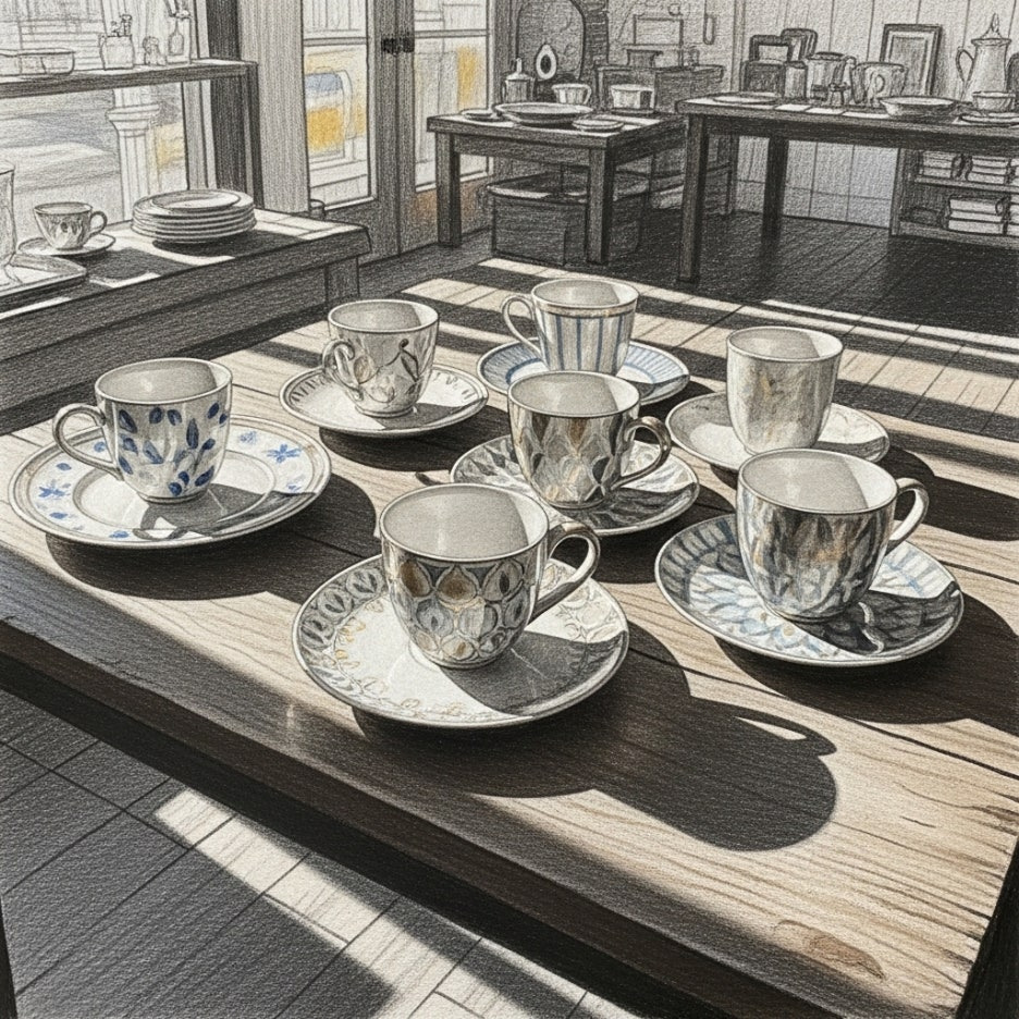 아름다운 도자기 제품들이 전시된 평화로운 상점 내부