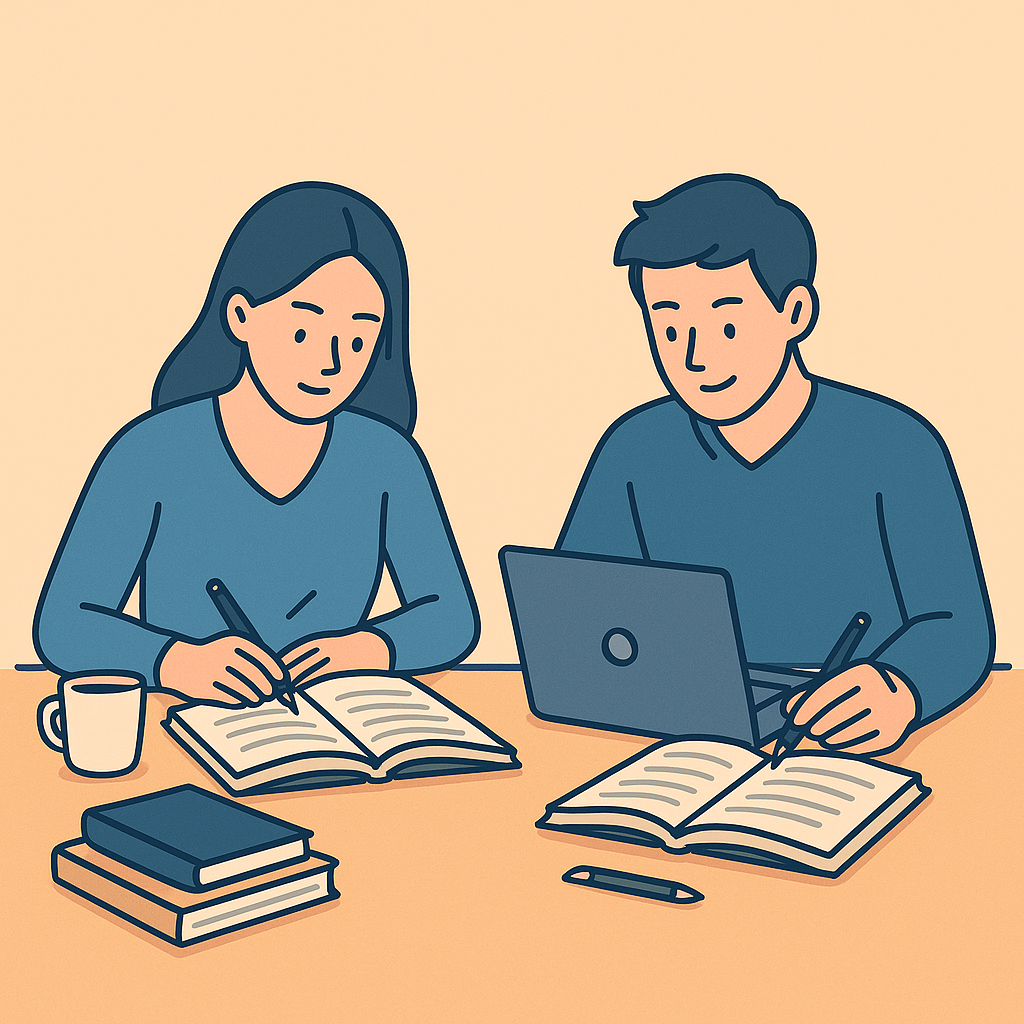 평면 벡터 스타일 일러스트: 나란히 앉아 책을 펴고 공책에 필기를 하거나 노트북으로 공부하는 남성과 여성이 따뜻한 베이지 배경 앞에서 집중하는 모습.