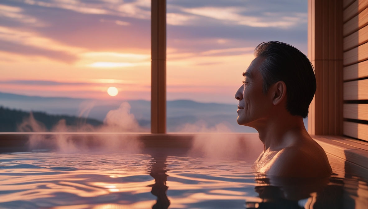40대 중년 남성이 저녁노을을 바라보며 반신욕을 즐기는 모습