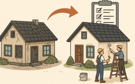 "공공주택 빈집 리모델링을 표현한 일러스트, 낡은 집이 새롭게 수리되어 밝고 깨끗한 모습으로 변신하는 과정"