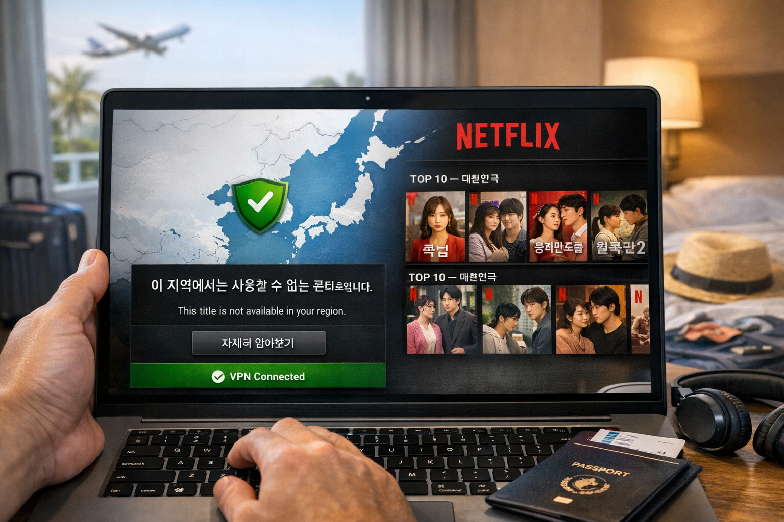 해외에서 넷플릭스 지역 제한 오류 화면
“회원님의 지역에서는 사용할 수 없는 콘텐츠입니다.”
海外で表示されるNetflixの地域制限エラー画面
「この地域ではご利用いただけないコンテンツです。」
Netflix region-restricted error screen when accessed abroad
“This title is not available in your region.”