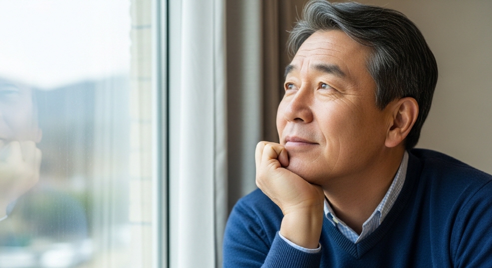 창밖을 보며 턱을 괸 중년 남성