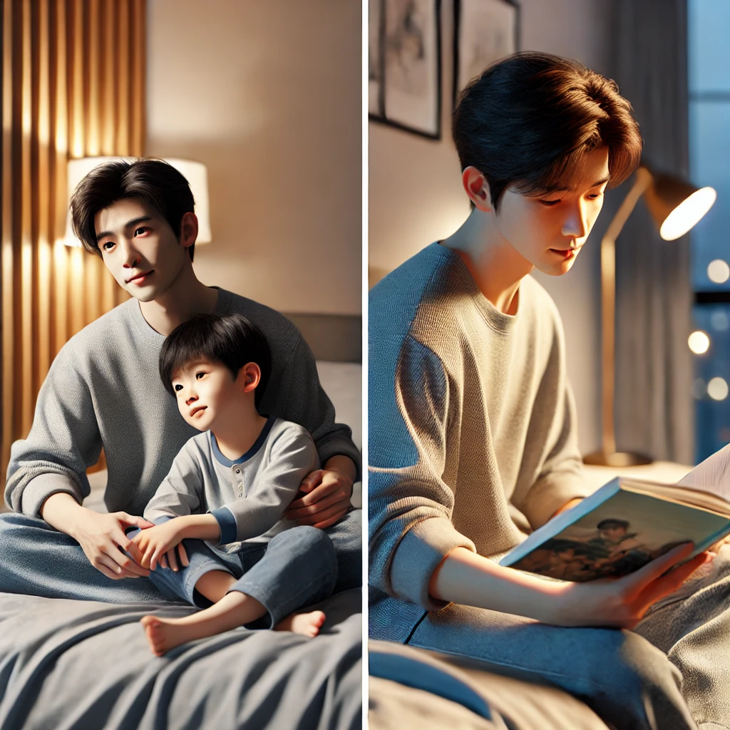아버지가 아들에게 잠자리 이야기를 들려주는 모습. 아버지는 침대에 앉아 책을 읽고 있으며, 아이는 아버지 옆에서 다정하게 기대어 책을 보고 있습니다. 방 안은 따뜻한 조명으로 아늑한 분위기를 자아냅니다