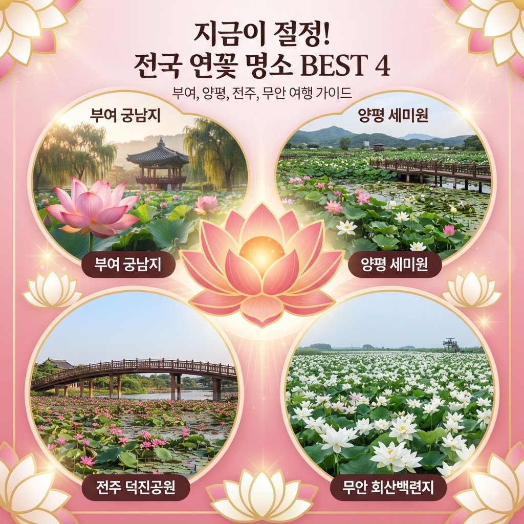 지금이 절정! 전국 연꽃 명소 BEST 4 (부여 궁남지, 양평 세미원, 전주 덕진공원, 무안 회산백련지 여행 가이드 대표 썸네일)