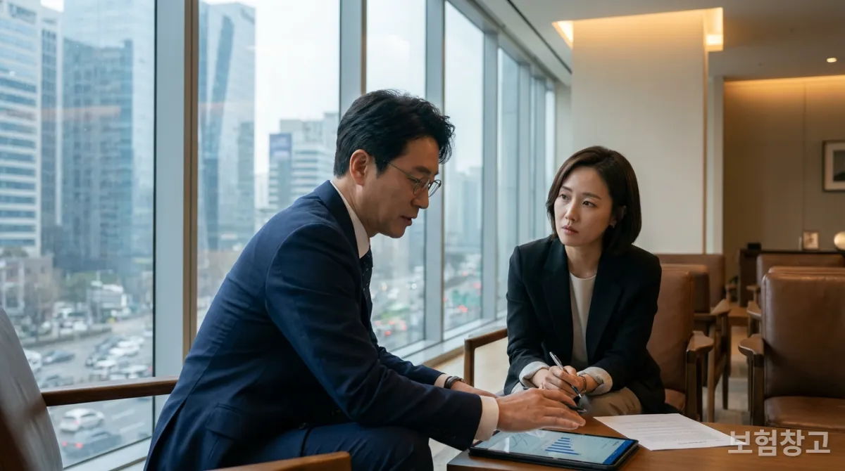 보험 전문가와 상담하는 한국인 클라이언트