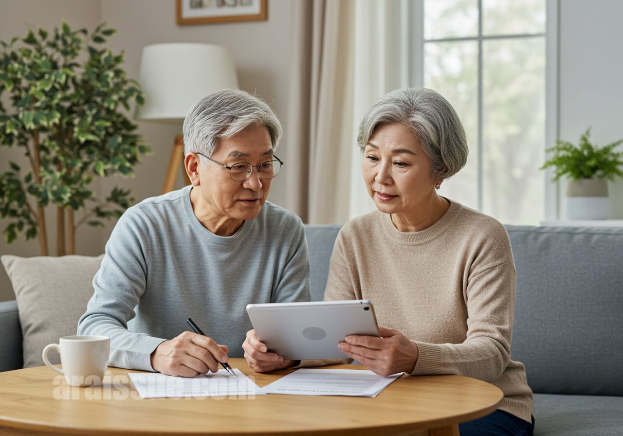 집에서 보험 조건을 비교하는 노부부